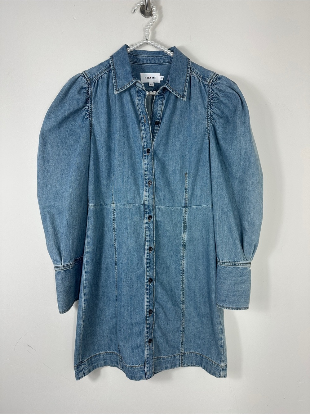 FRAME Denim Button-Front Puff Sleeve Shirt Dress - Light Blue Small - Picture 4 of 10